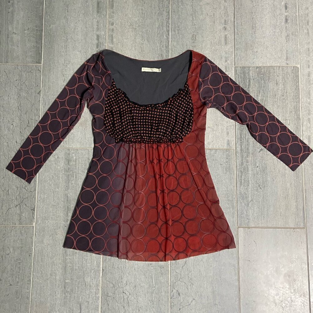 Weston Wear Silk 3/4 Sleeve Geometric Printed Ruched Top Blouse Red/Brown Size S